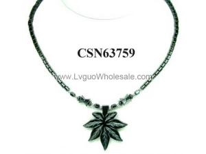 Synthetic Stone Hematite Leaf Charm Choker Collar Pendant Necklace